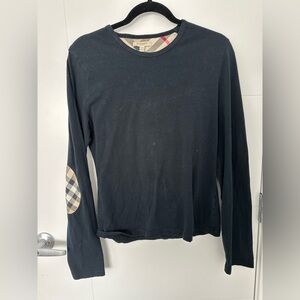 Burberry London Black Long Sleeve Top Plaid Elbow Patches Size Large Cotton